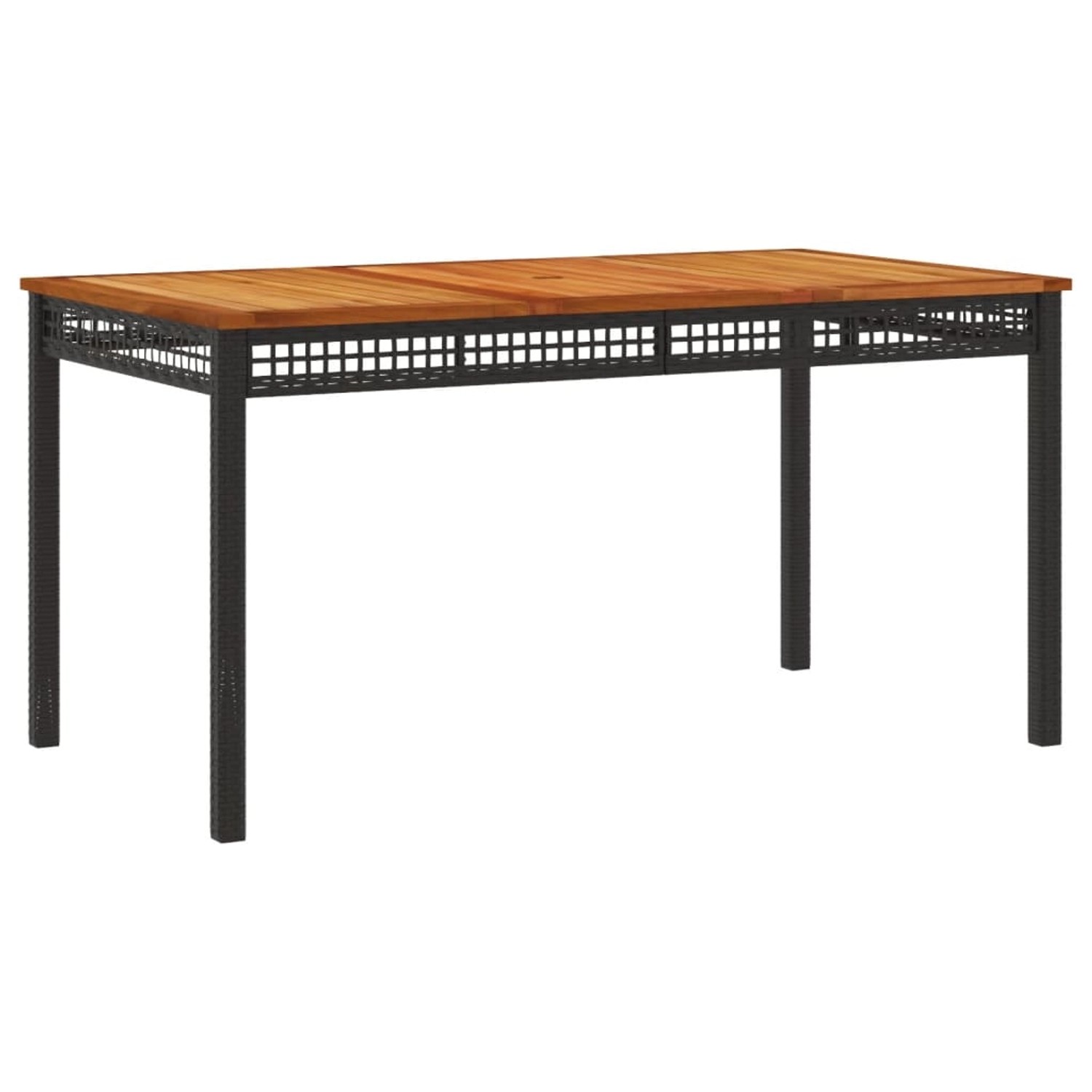 vidaXL Gartentisch: Essgruppe Tisch mit Akazienholzplatte und schwarzem Poly Rattan Gestell.