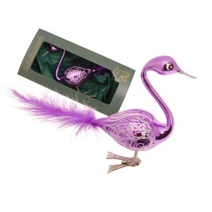 Lila Krebs Glas Lauscha Weihnachtsornament Schwan, 5cm, mit Feder und Clip.