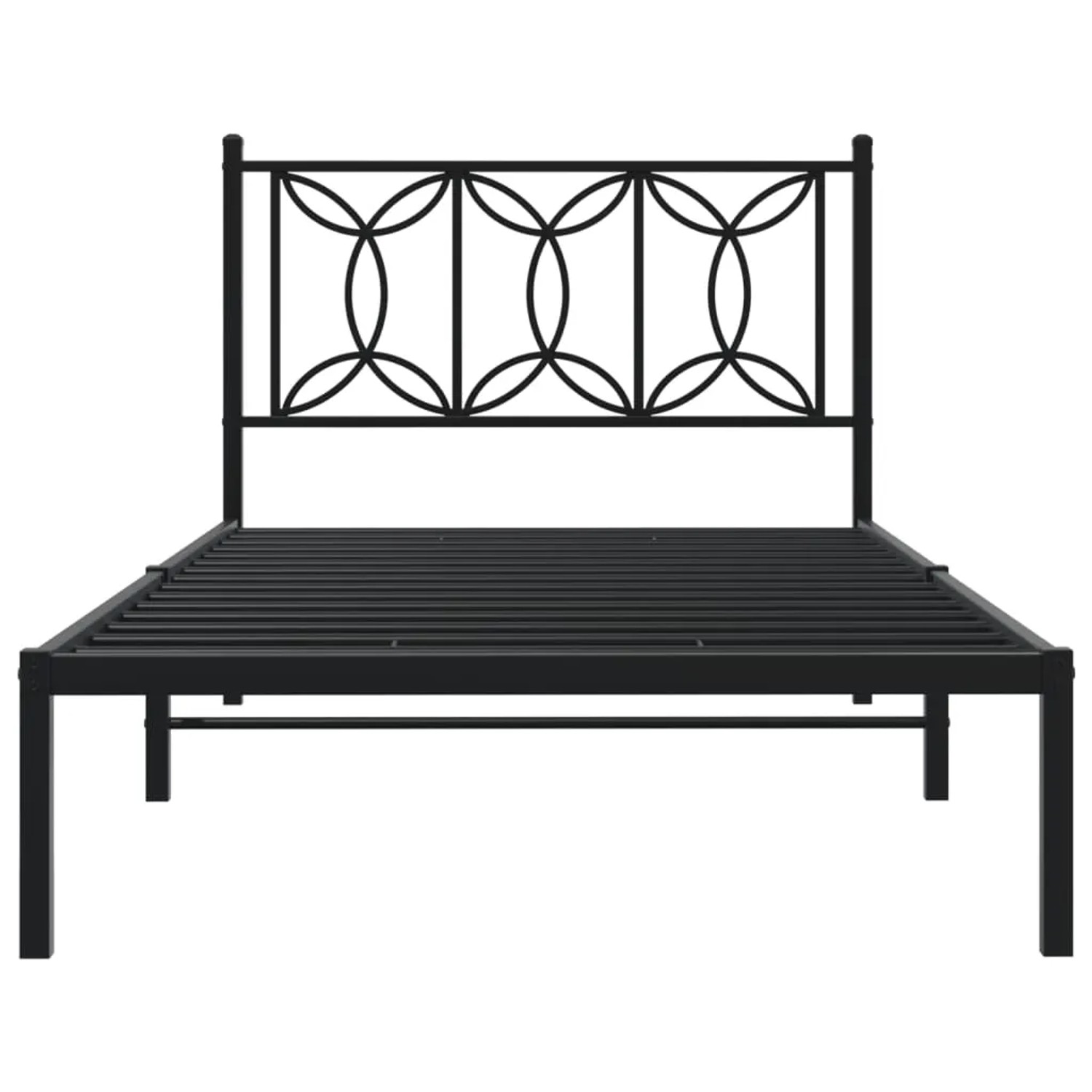 Schwarzes Metall Bettgestell (107x203 cm) mit Kopfteil im modernen Design für Schlafzimmer.