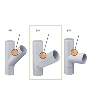 Grauer Inefa PVC Fallrohr-Abzweiger 60 Grad für Dachentwässerung. Vergleich von 45°, 60° und 87° Winkeln.