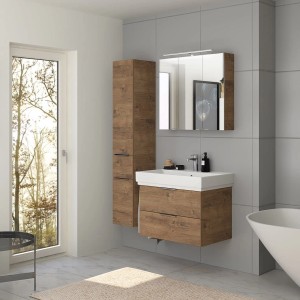 Steinkamp Waschtischunterschrank Living 2.0 Eiche mit GROHE Cube Waschtisch 80 cm im Badezimmer.