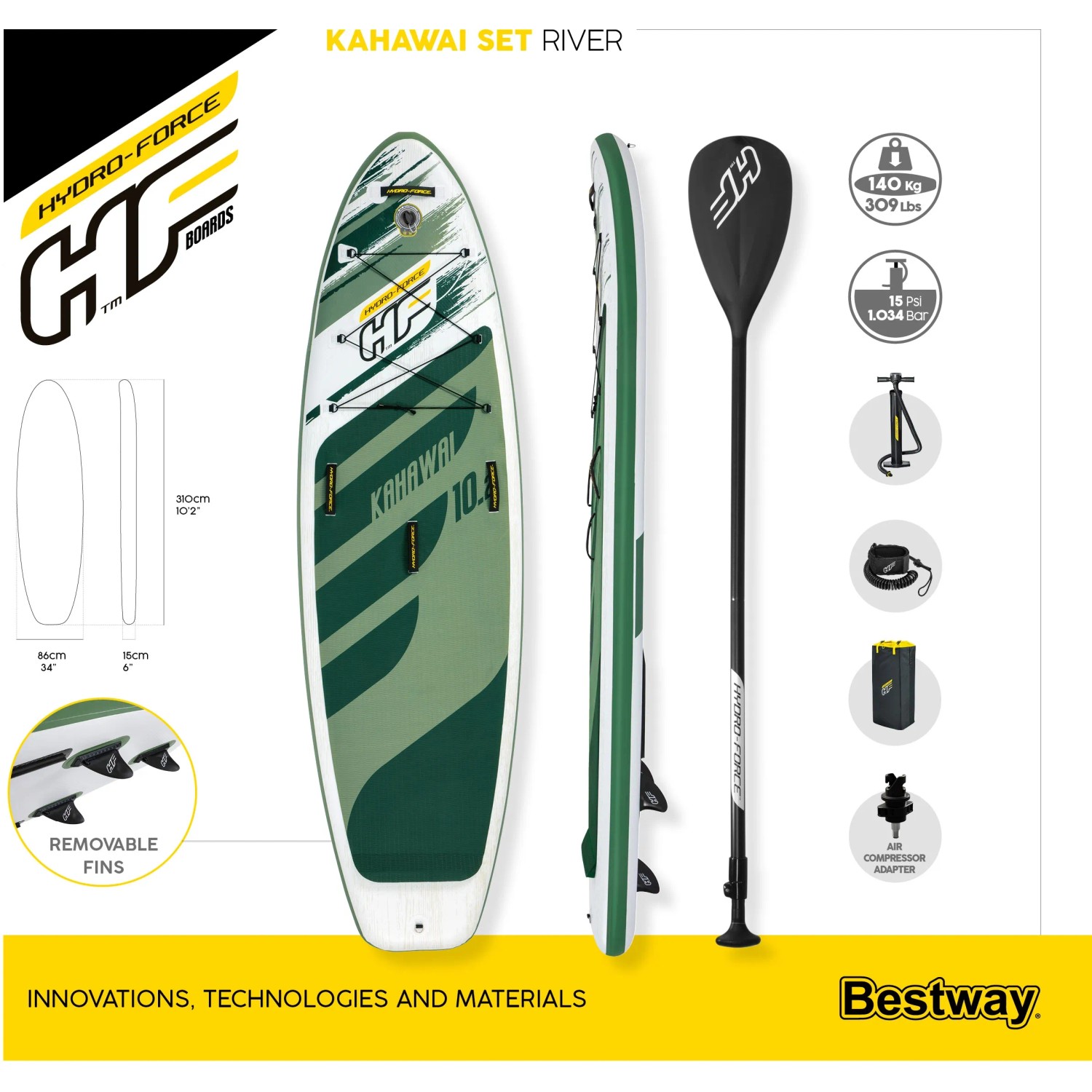 Bestway Hydro-Force SUP River Board Kahawai Set (310cm) mit Paddel, Pumpe und Zubehör.