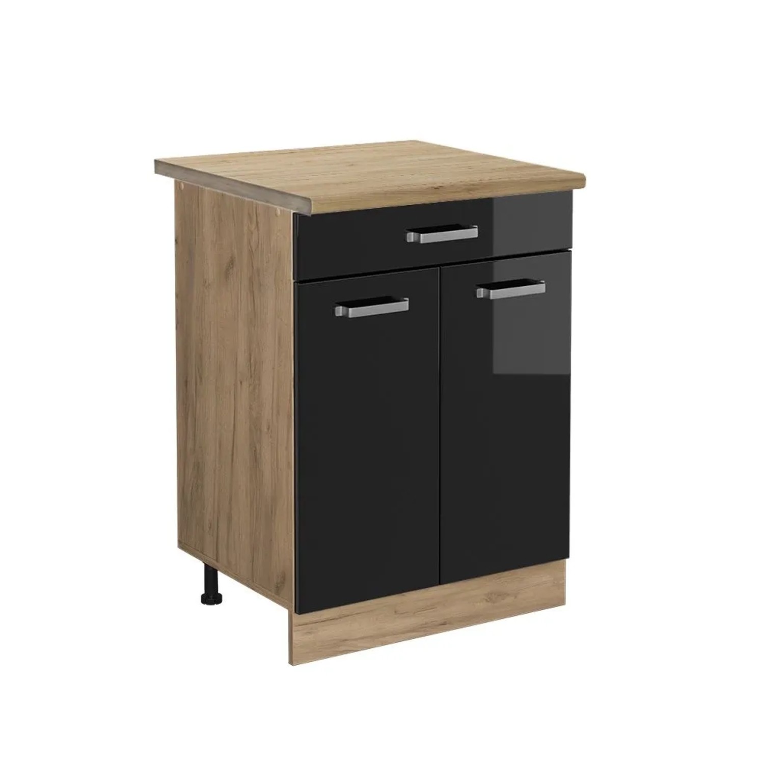Vicco Küchenunterschrank R-Line Schwarz Hochglanz Goldkraft Eiche 60 cm mit Schublade AP Eiche