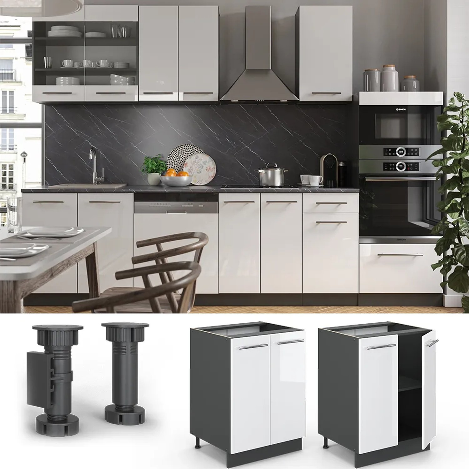 Küchenunterschrank Fame-Line, weiß hochglanz/anthrazit, 60 cm mit Marmor Arbeitsplatte.