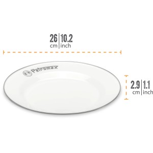 Zwei weiße Petromax Emaille Teller (26 cm) mit grauem Rand, ideal für Grillutensilien.