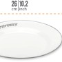 Zwei weiße Petromax Emaille Teller (26 cm) mit grauem Rand, ideal für Grillutensilien.