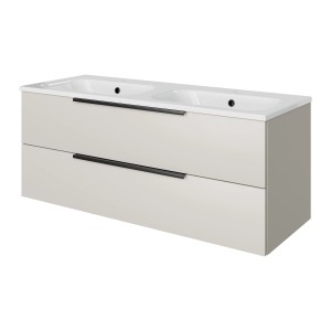 Pelipal Badmöbel-Set Quantum in Kaschmir Matt mit Doppelwaschtisch und zwei Auszügen.