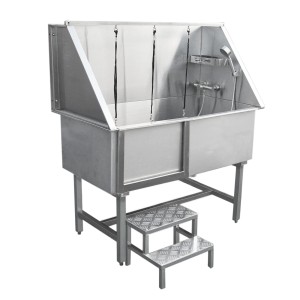Monstershop Edelstahl Haustier Badewanne 600mm mit Treppe und Brause.