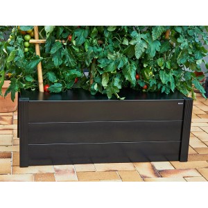 Schwarzer Juliana Pflanzkasten (37x55x95cm) im Garten, ideal für Tomatenzucht im Gewächshaus.