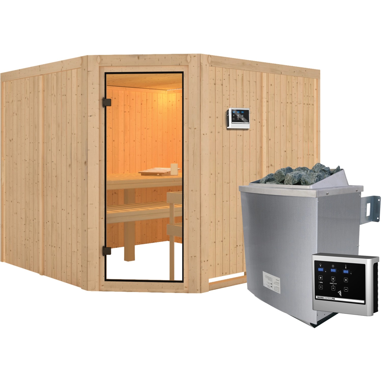 Karibu Sauna Ystad inkl. 9 kW Ofen mit ext. Strg., Glastür Bronziert