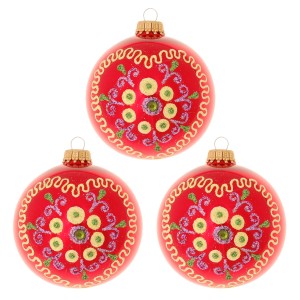 3 rote Weihnachtskugeln von Krebs Glas Lauscha mit Herzdekor, 8cm.