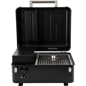 Offener, schwarzer Traeger Ranger Holzpelletgrill mit Grillrost und digitaler Steuerung.
