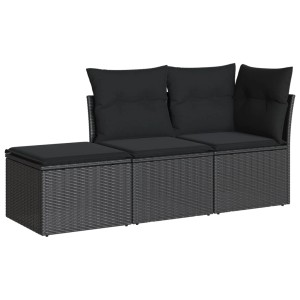 Schwarze 3-tlg. vidaXL Garten-Sofagarnitur aus Poly Rattan mit Kissen.
