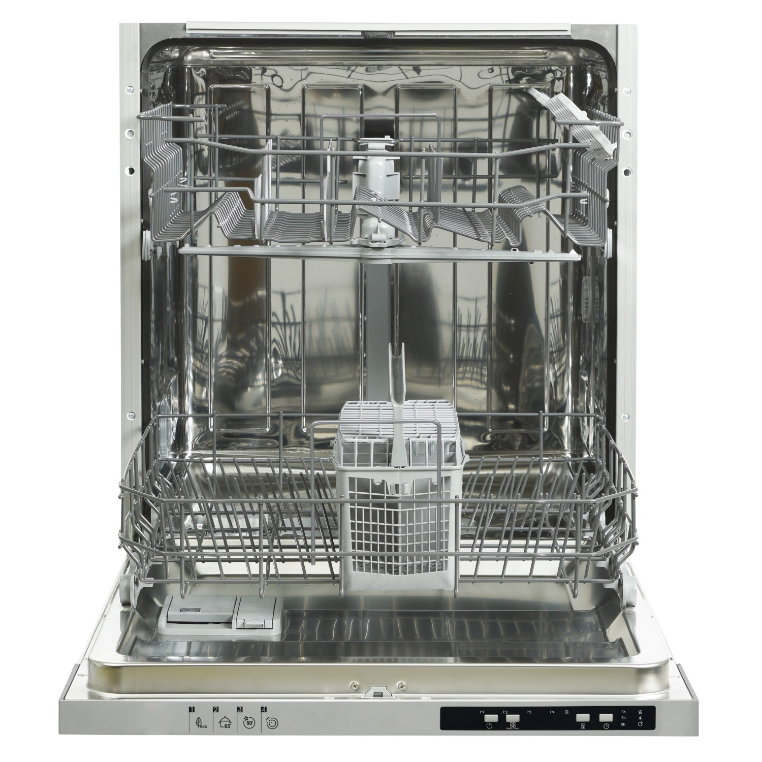 Offener, vollintegrierter Geschirrspüler der Küchenzeile Valero mit Edelstahl-Innenraum und Besteckkörben.