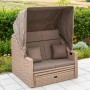 Gartenbank Rimini Natur mit Hülle, Lounge-Gartenmöbel aus Polyrattan mit Dach und Kissen.
