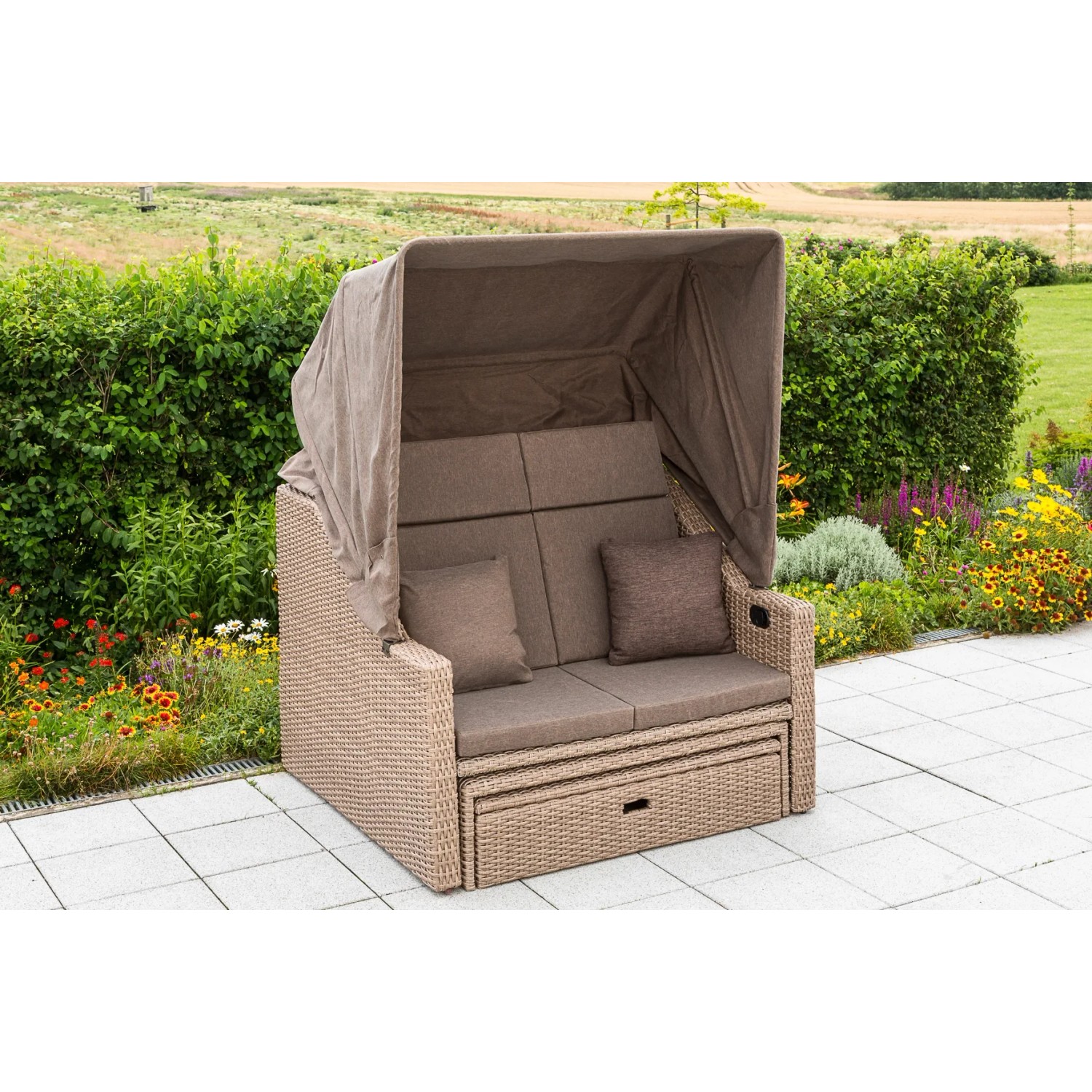 Gartenbank Rimini Natur mit Hülle, Lounge-Gartenmöbel aus Polyrattan mit Dach und Kissen.