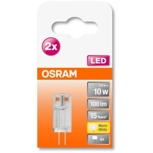 Osram G4 LED Leuchtmittel, 0,9 W, Warmweiß, 2er-Set. Kompakte Stiftform mit geringem Energieverbrauch.