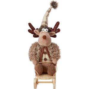 Weihnachtsdeko: Stoff-Rentier auf Holzschlitten, braun. Niedliche Winterdekoration für Innen.