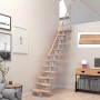 Dolle Mittelholmtreppe Basel, Buche perlgrau, mit Geländer im Wohnraum.