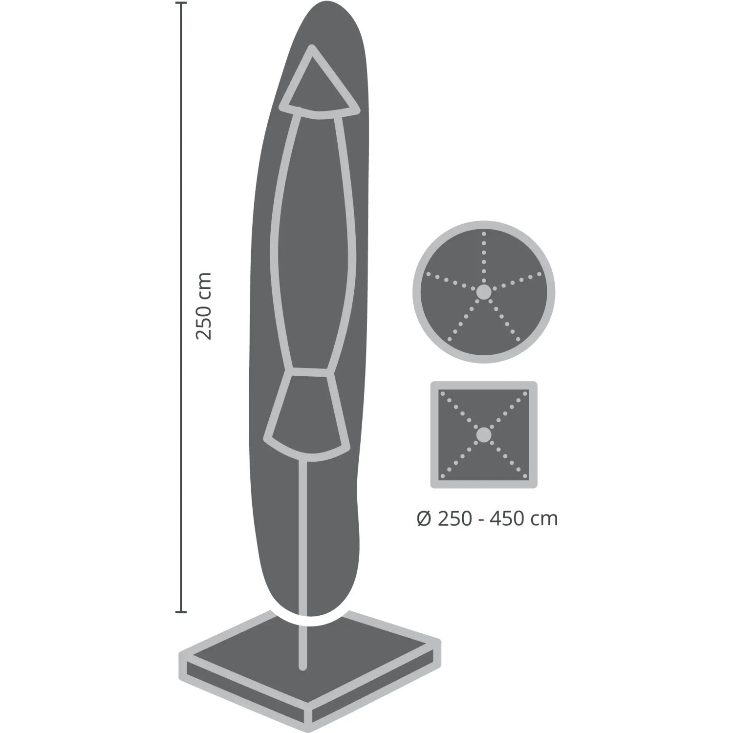 Abbildung einer grauen Schutzhülle für Gartenschirme, passend für Ø 250-450cm Schirme.
