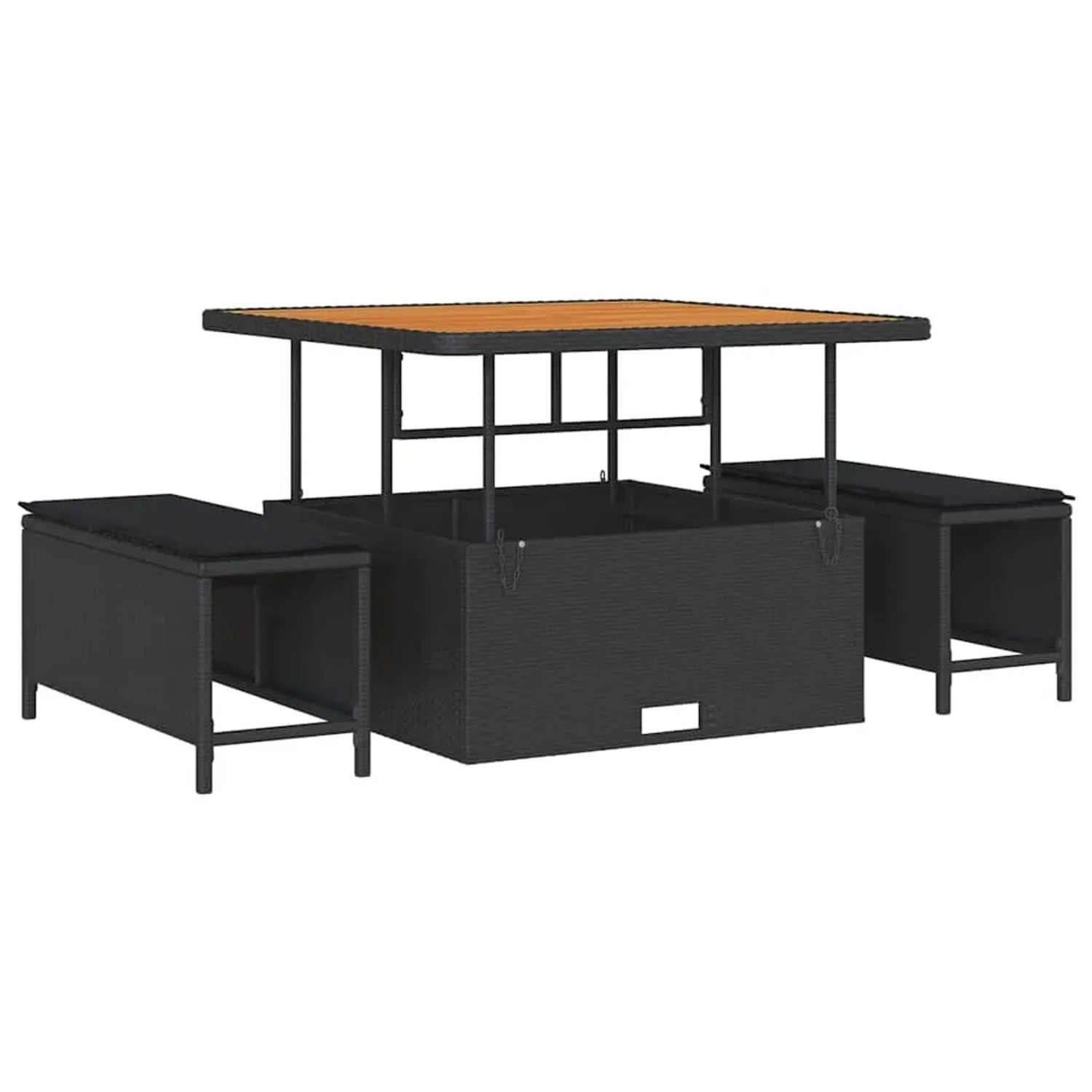Schwarzes 12-tlg. vidaXL Garten-Sofa-Set aus Poly Rattan mit Tisch und Hockern.