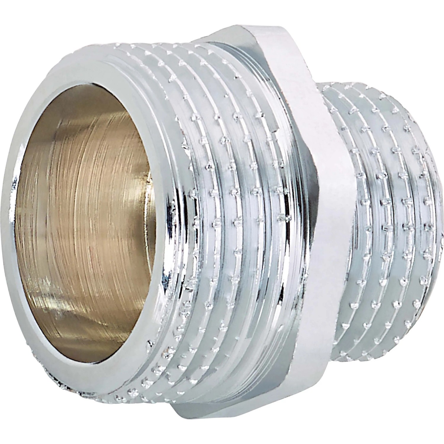 Verchromter Gewinde-Reduziernippel aus Messing, Ø 21 mm x Ø 16,7 mm, für Gewindefittings.
