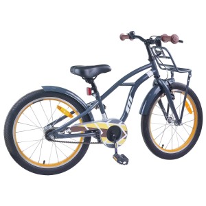 Dunkelgraues vidaXL Kinderfahrrad, 22 Zoll, mit gelben Felgen, Schutzblechen, Frontkorb und gemustertem Kettenschutz.