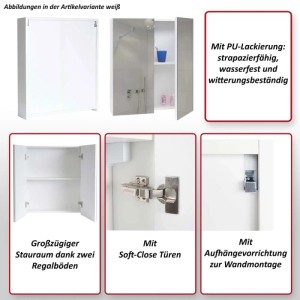 Weißer MCW Spiegelschrank B19b mit Spiegeltüren, zwei Regalböden und Soft-Close Funktion. Details der Wandmontage.