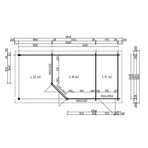 Grundriss Gartenhaus Fjordholz Leva 2E: 5-Eck Design mit Maßen und Raumaufteilung.