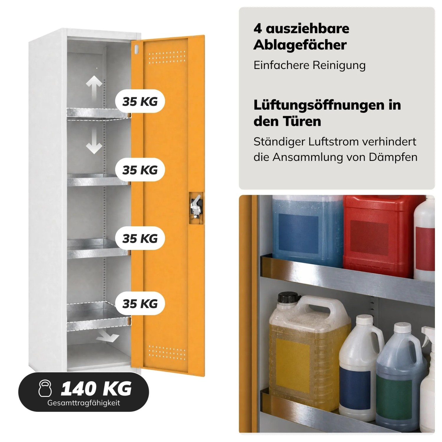 Grau-gelber JAN NOWAK Sicherheitsschrank PETER mit offener Tür, 4 ausziehbaren Auffangwannen und Belüftung für Chemikalien.