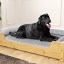Hund im Kiefernholz Hundebett 100x60 mit Rollrost, Matratze und Polster. Tierbett für große Hunde.