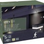 Verpackung der schwarzen Solar-Wandleuchte mit Sensor, 600 lm, 2700 K, IP44 für den Außenbereich.