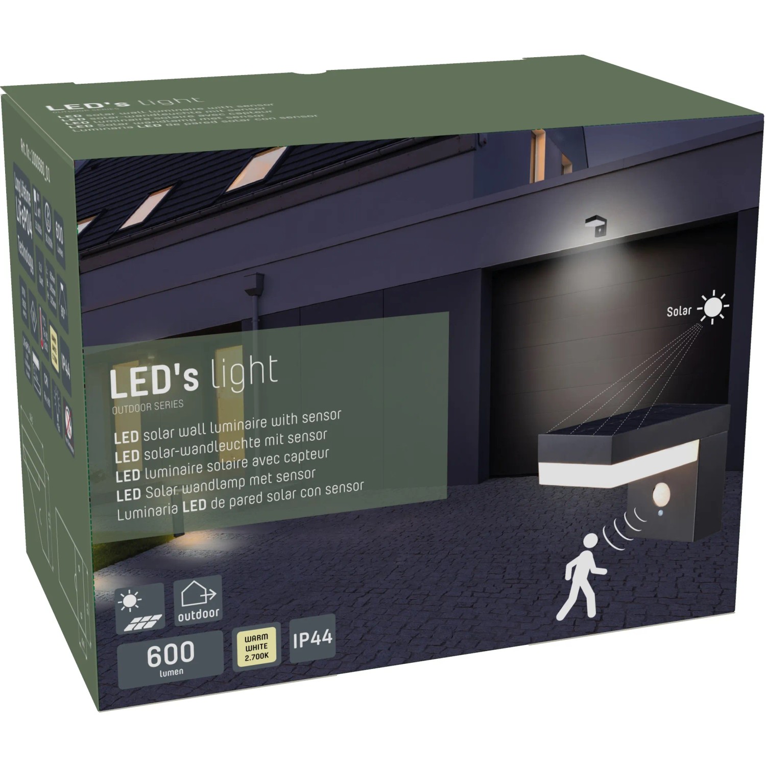 Verpackung der schwarzen Solar-Wandleuchte mit Sensor, 600 lm, 2700 K, IP44 für den Außenbereich.