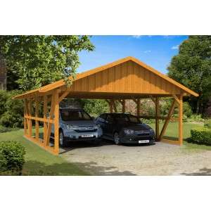 Skan Holz Carport Schwarzwald Eiche, Fachwerk-Bauweise mit zwei geparkten Autos.