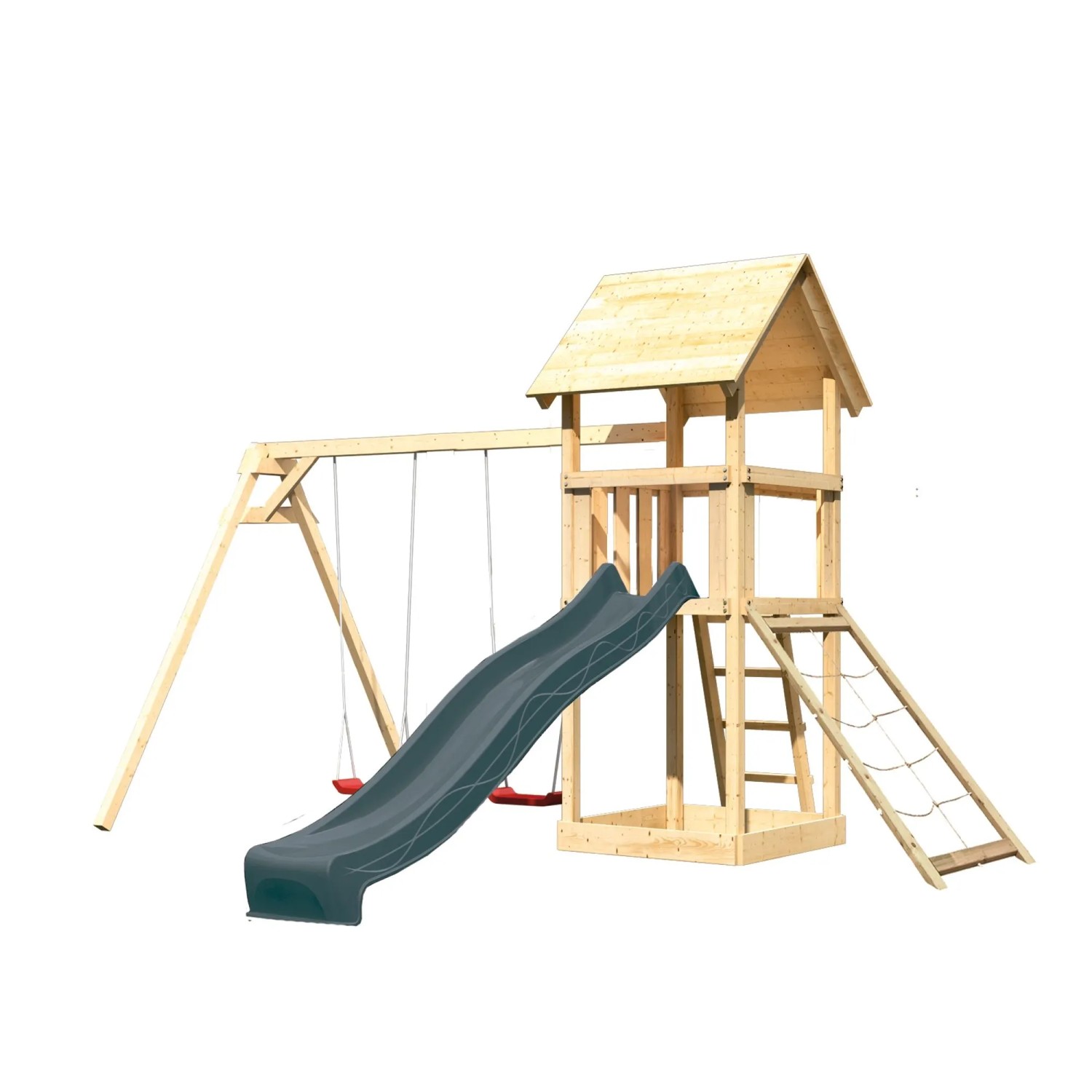 Karibu Spielturm Lotti mit Rutsche Doppelschaukel u. Netzrampe Natur-Anthrazit