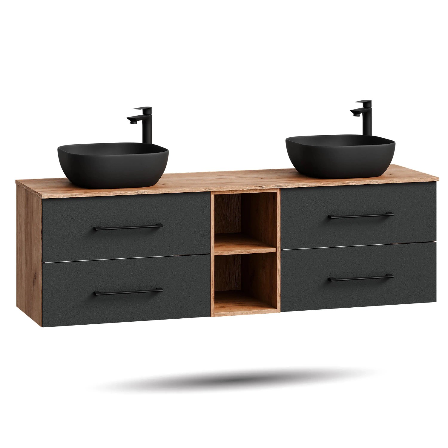 Planetmöbel LUX Doppelwaschtisch 170 cm mit 2 Aufsatzwaschbecken 42,5 cm Schwarz Regal Soft Close