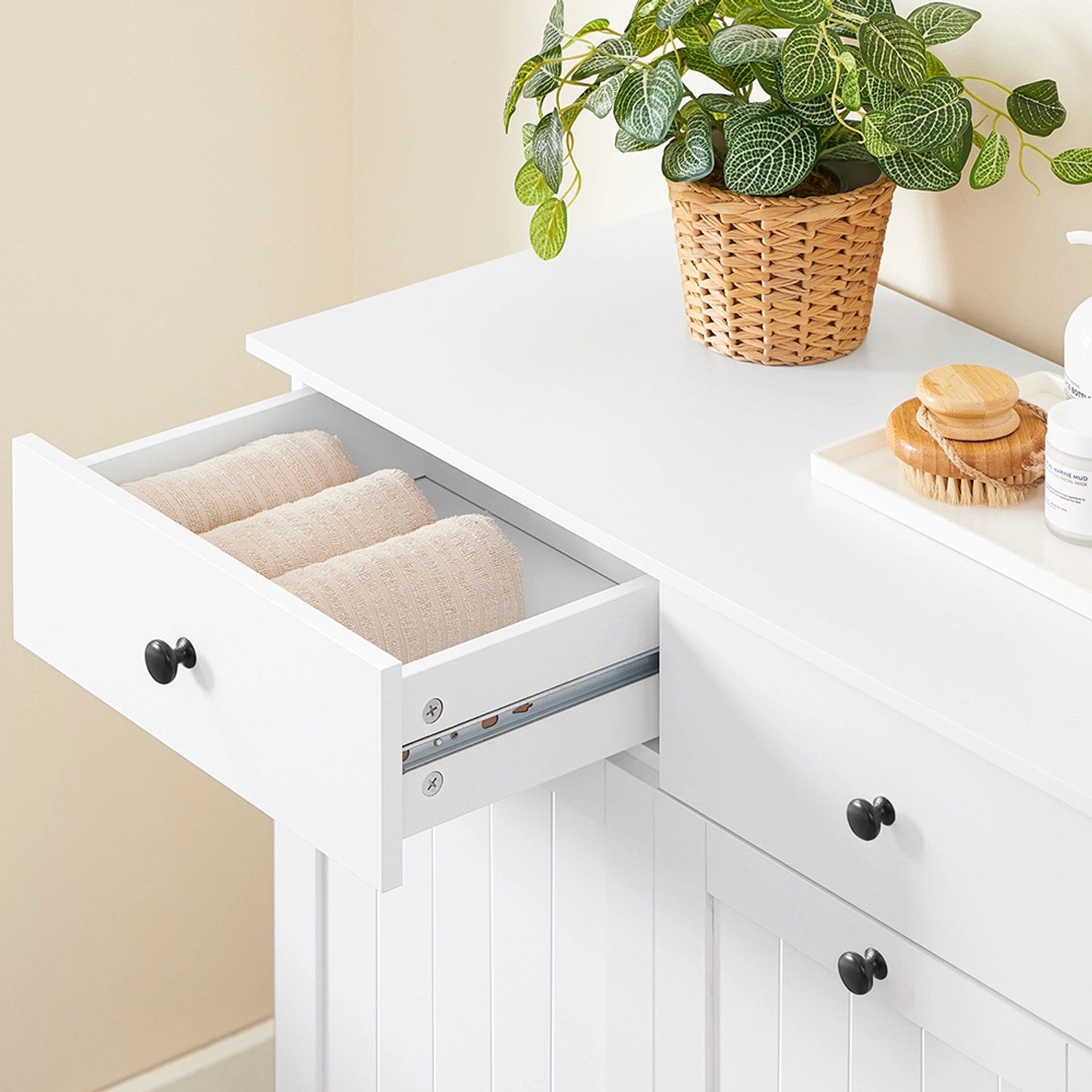 SoBuy Badschrank mit 2 Wäschesäcken Wäscheschrank Wäschesammler Weiß 78x90x38cm BZR33-II-W_6