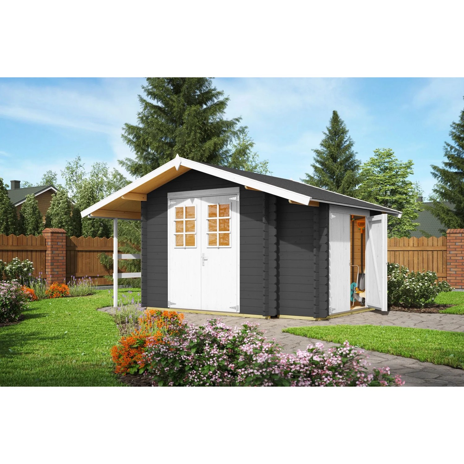 Lasita Holz-Gartenhaus Vilano 2 Satteldach Carbongrau Lasiert 220 cm x 220 cm