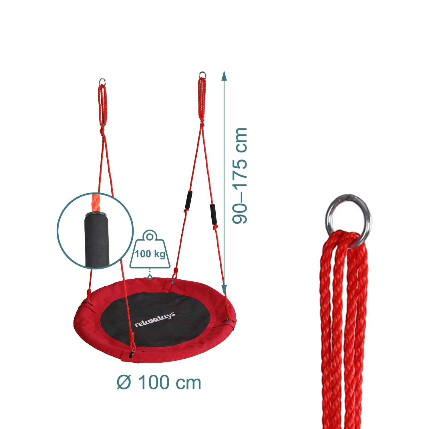 Relaxdays Nestschaukel Stahl Rot Höhenverstellbar mit Schaumstoffgriffen 100 cm_4