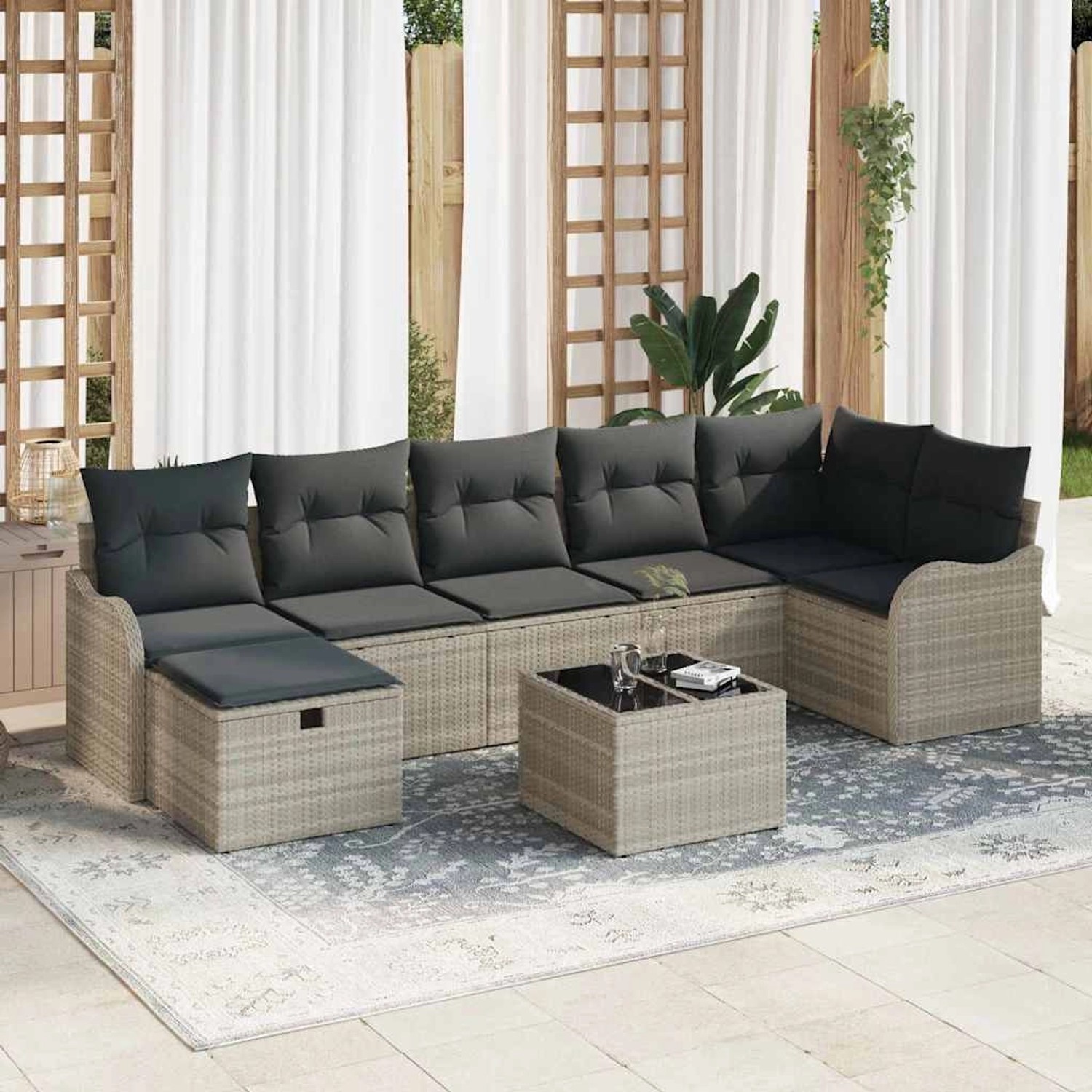 Hellgraues 8-tlg. vidaXL Garten-Sofa-Set aus Poly Rattan mit Kissen und Tisch.