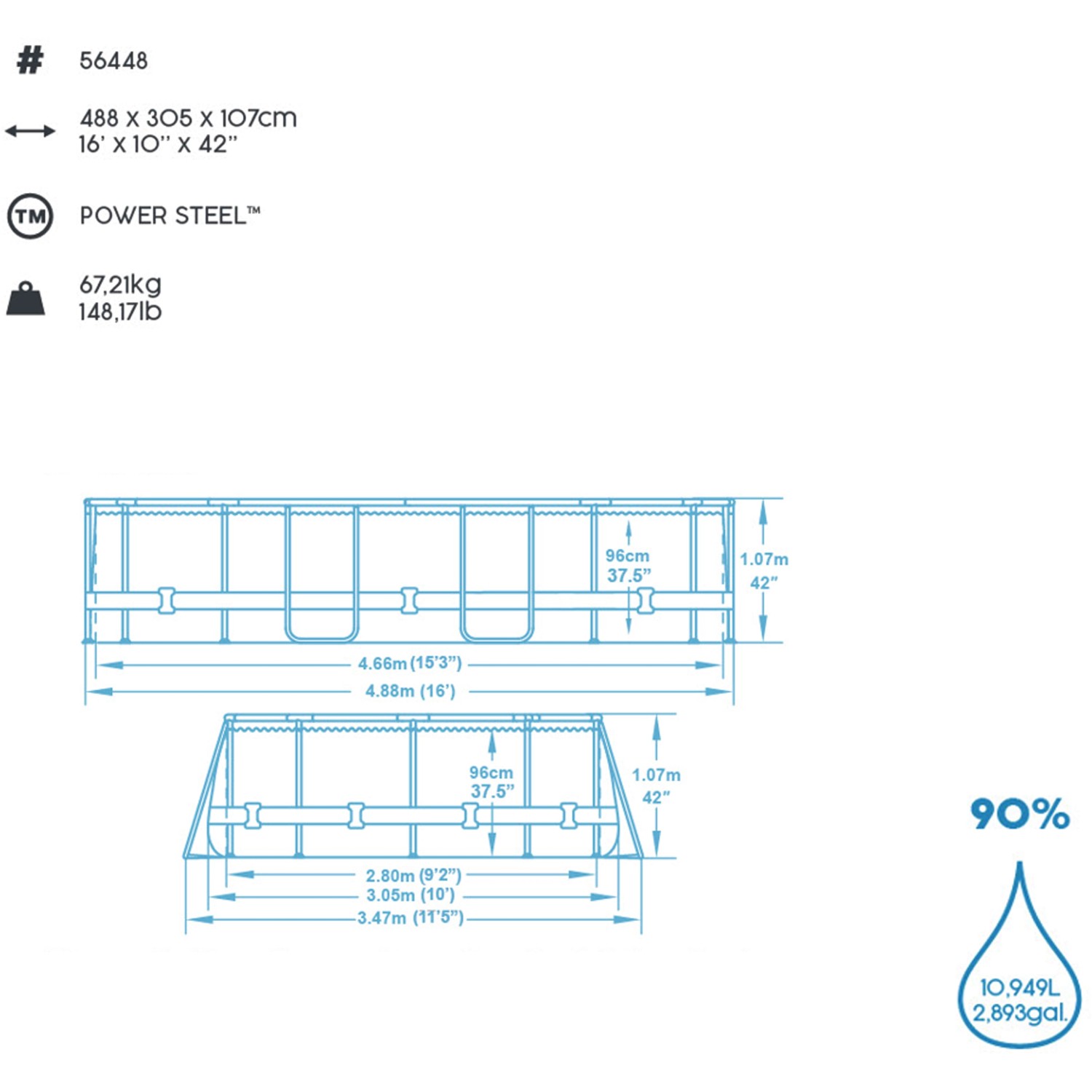 Technische Zeichnung Bestway Frame Pool Power Steel, 488x305x107 cm, ovale Form, Maße.