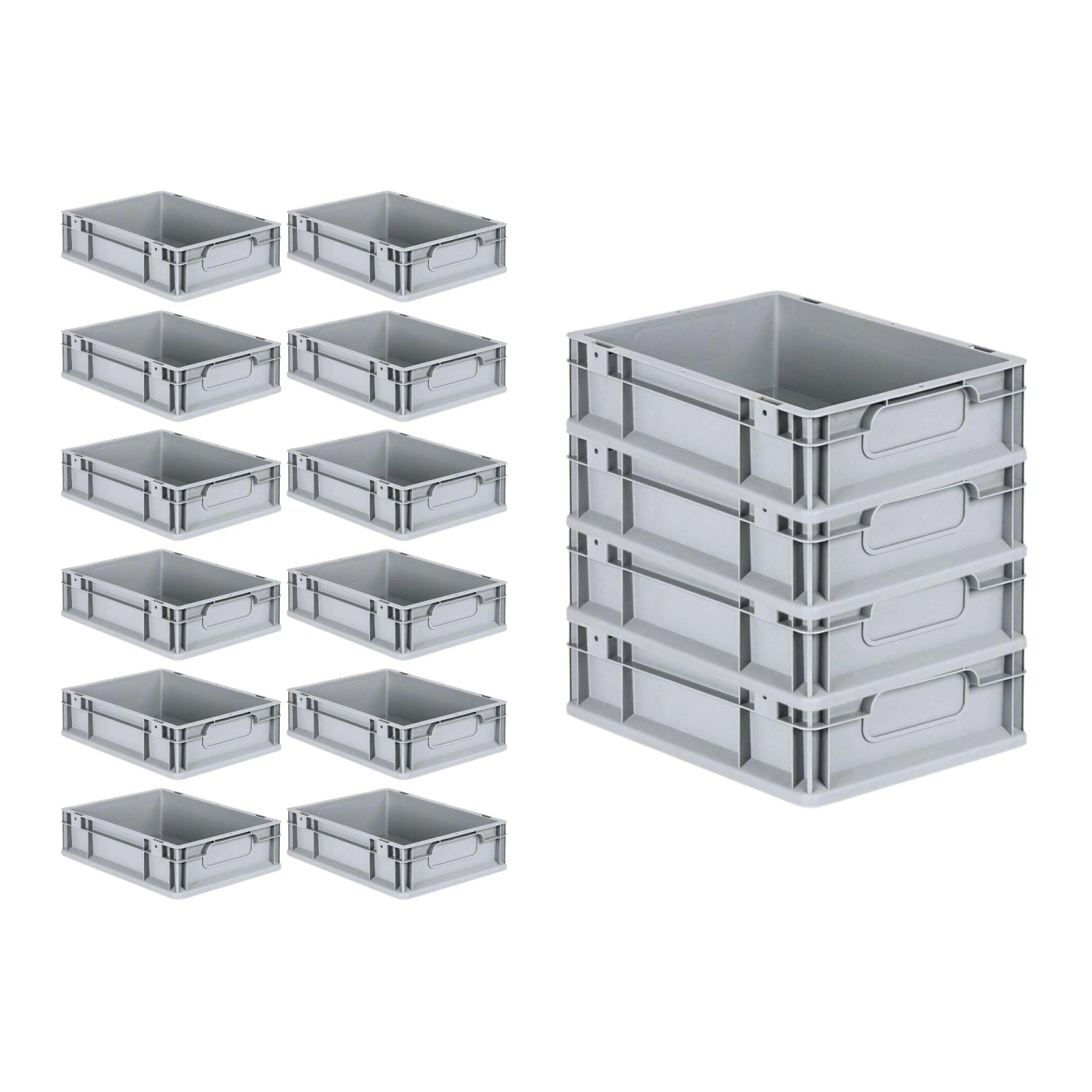 PROREGAL Spar Set: 16 graue Euroboxen mit Deckel und Schnappverschlüssen, 11 Liter, als Aufbewahrungsboxen.