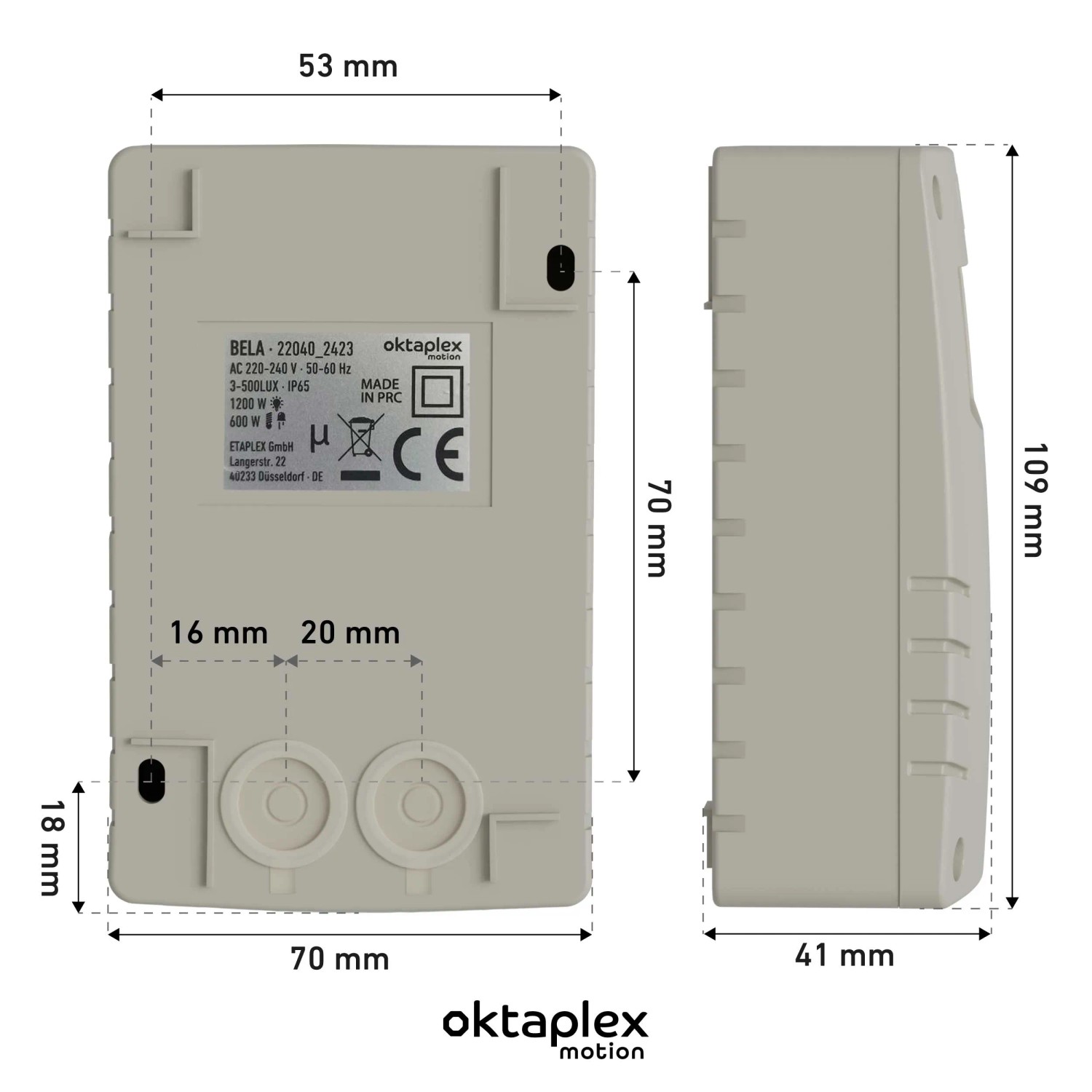 Oktaplex Bela Dämmerungsschalter für Außen, grau-weiß, mit Maßen und technischen Details.