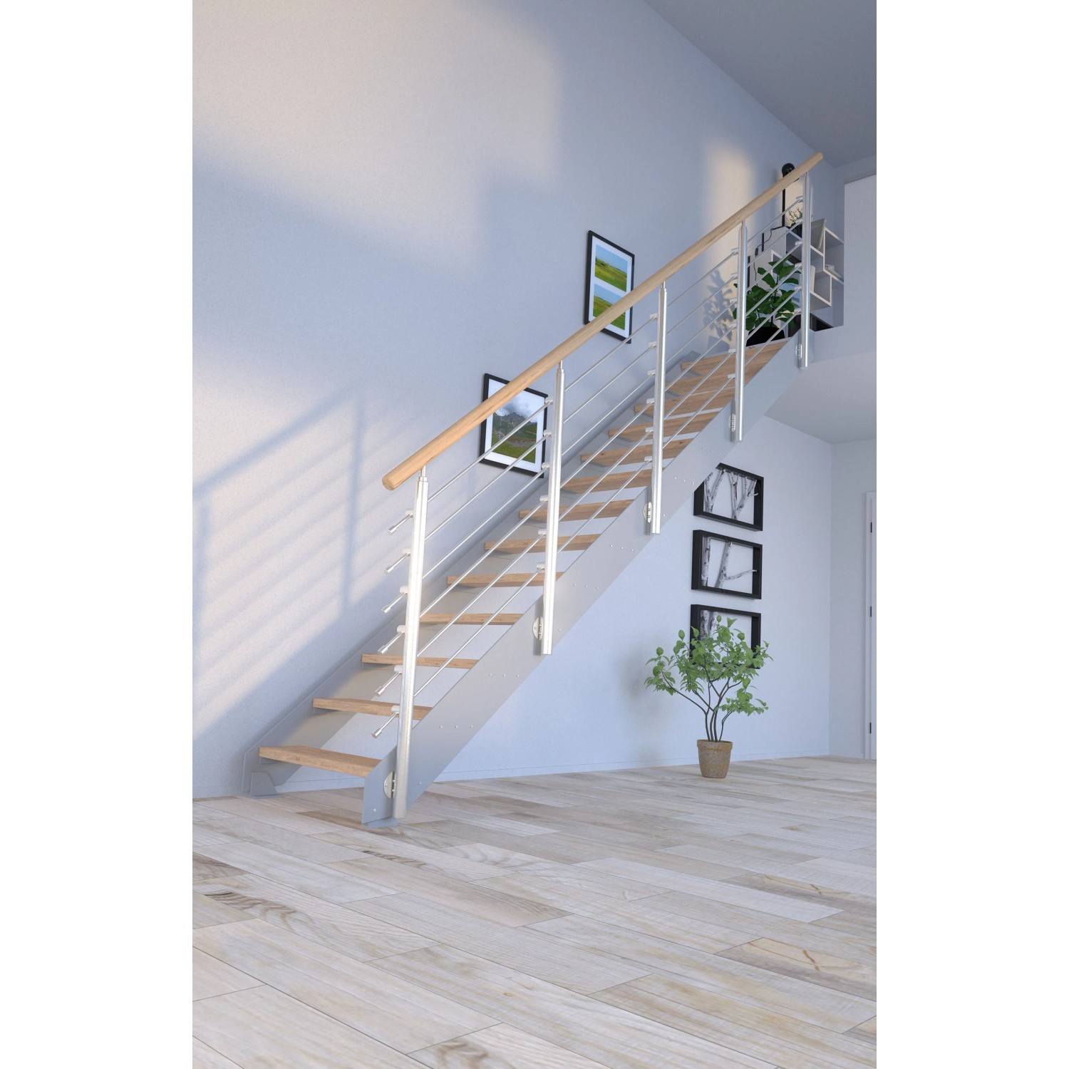 Moderne Treppe Kos mit 13 Eiche Rustik Stufen, grauem Design-Geländer und Edelstahlstäben.
