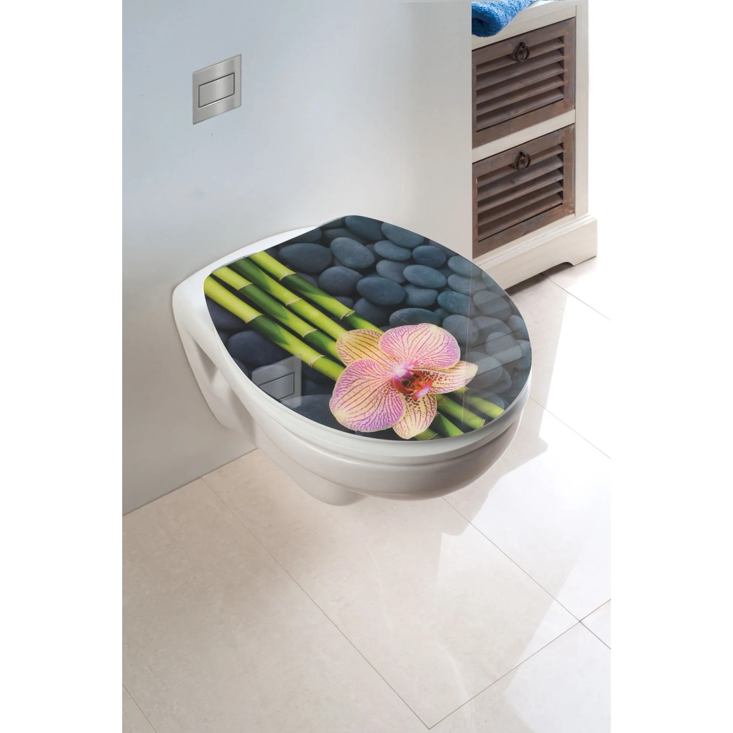 Wenko WC-Sitz Spa mit Absenkautomatik, Acryl-Hochglanz, Motiv: Bambus, Steine, Orchidee.