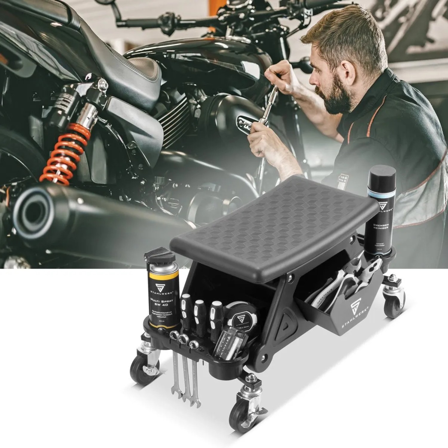 STAHLWERK Werkstatthocker WRS 185, schwarz, mit Rollen, Schublade und Ablagefächern. Ideal für Werkstattarbeiten.