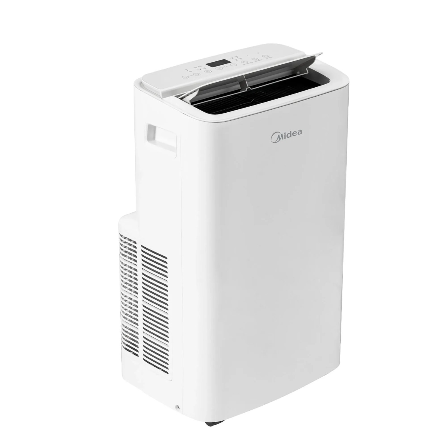 Midea Klimaanlage MPPX-12CRN7, mobil, weiß. Klimagerät mit Display und geöffnetem Luftauslass.