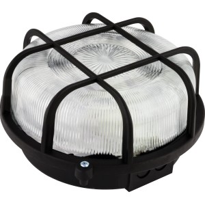 Schwarze Halogen-Rundleuchte für Keller/Werkstatt mit Schutzkorb und Strukturglas.