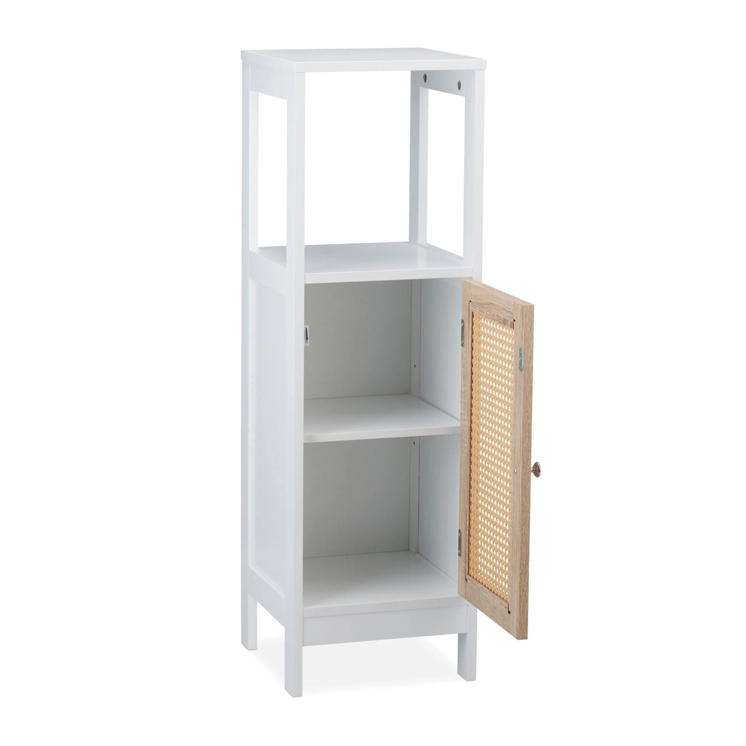 Relaxdays Badezimmerschrank mit 3 Fächern MDF Kunststoff Weiß Natur mit Magnetverschluss 96,5 cm x 30 cm x 30 cm 7,8 kg