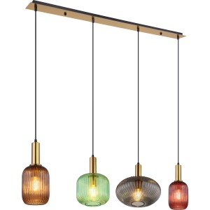 Globo Pendelleuchte Normy mit 4 farbigen Glasschirmen und messingfarbener Halterung.